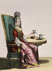Dame prenant du café, planche de mode, c.1695